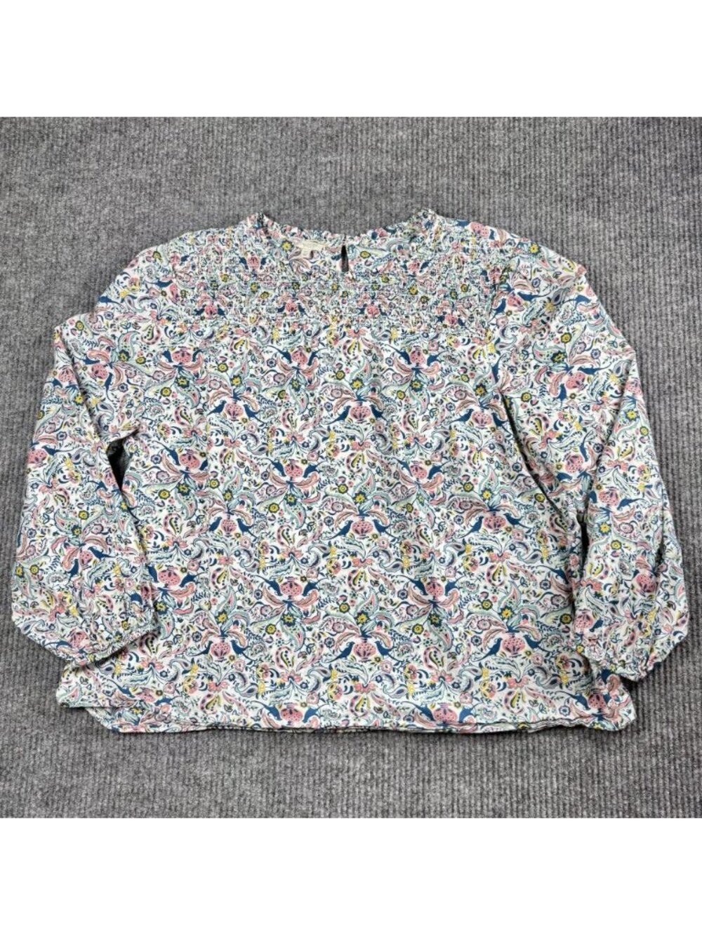 Talbots Smocked Bird Print Top Womens 3X Peasant Long Sleeve Keyhole Ruffle Boho